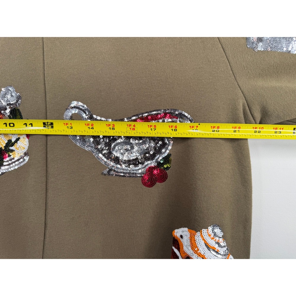 Queen of Sparkles Thanksgiving Sequin Turkey Food Sweatshirt Olive Green Women S - Picture 9 of 14